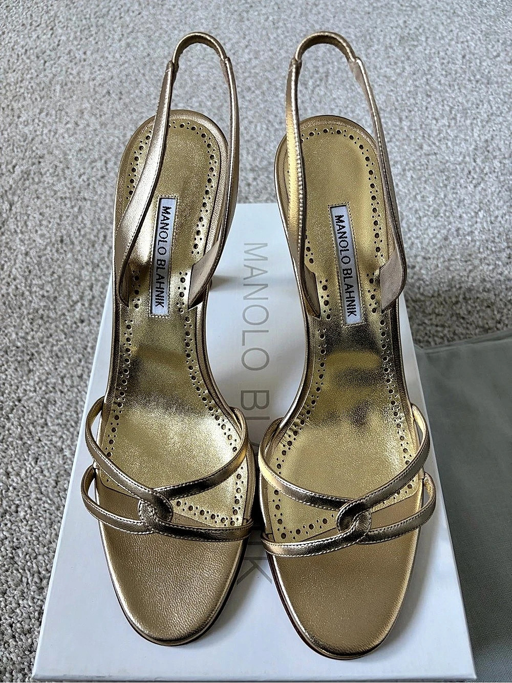Manolo Blahnik Racita Metallic Slingback Sandal Gold Slingback Heels EU 41